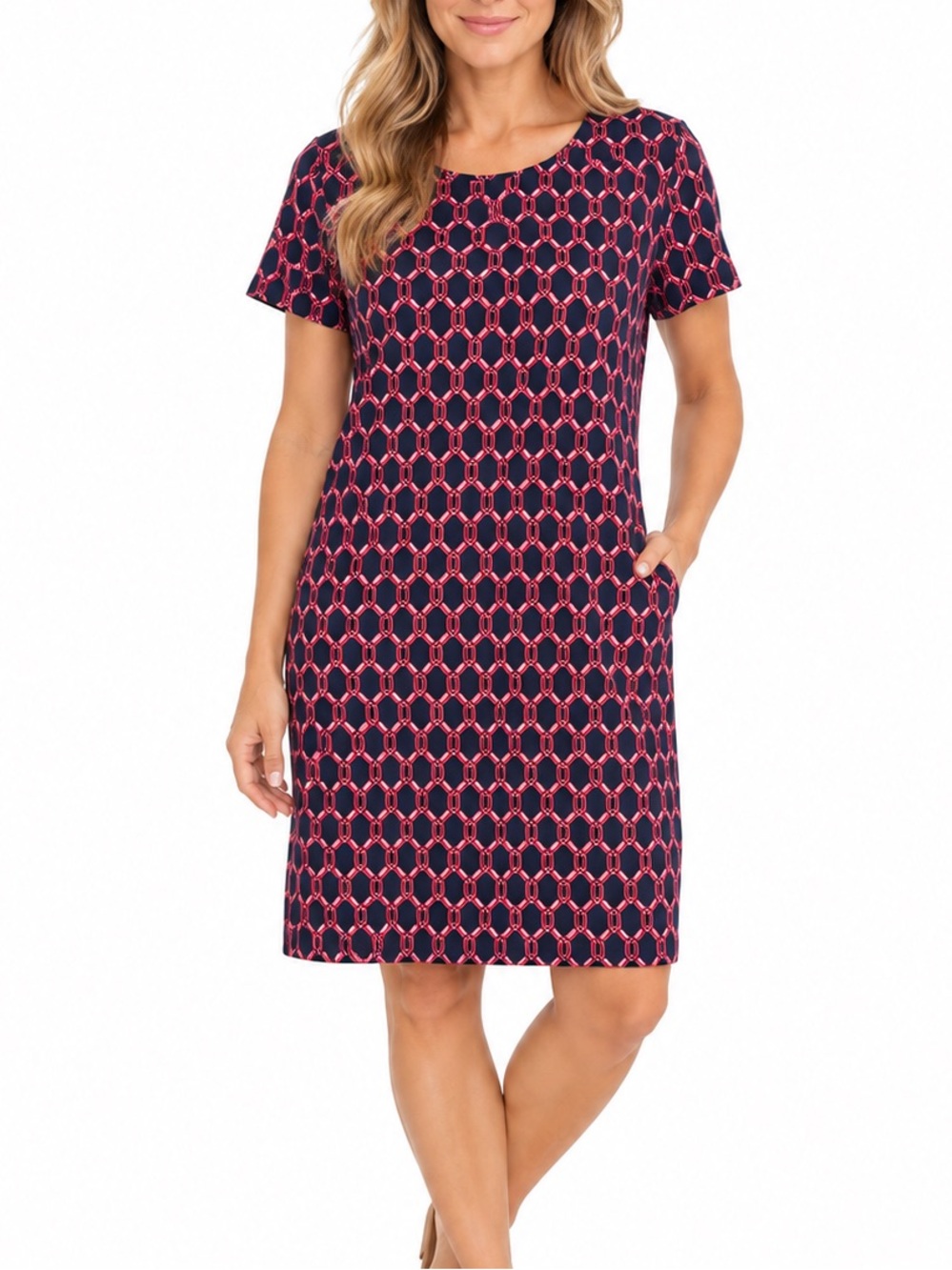 J.Jill Wearever Collection Geometric Print Stretch Knit Shift Dress W/ Pockets L
